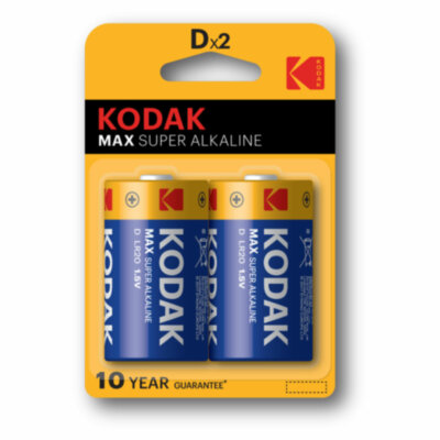 Батарейки алкалиновые КОМПЛЕКТ 2 шт., KODAK Max Super Alkaline, D (LR20, 13А), блистер, Б0005129, 457381