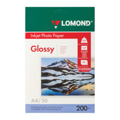 Фотобумага глянцевая, А4, 200 г/м2, односторонняя, 50 листов, LOMOND, 0102020, 360338