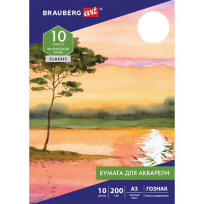 Папка для акварели БОЛЬШАЯ А3, 10 л., 200 г/м2, бумага ГОЗНАК холст, BRAUBERG ART, 125222, 125222