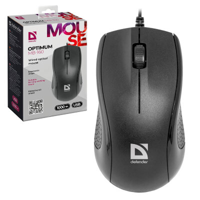 Мышь проводная DEFENDER Optimum MB-160, USB, 2 кнопки + 1 колесо-кнопка, оптическая, черная, 52160, 512027
