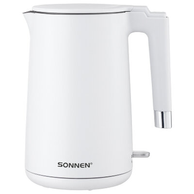 Чайник электрический с двойными стенками SONNEN KT-8719W, 1,5 л, 2200 Вт, белый, 454691, 454691