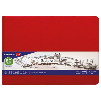 Скетчбук, слоновая кость 140 г/м2 210х148 мм, 80 л., КОЖЗАМ, резинка, BRAUBERG ART CLASSIC, красный, 113197, 113197