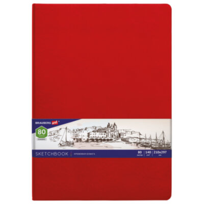 Скетчбук, слоновая кость 140 г/м2 210х297 мм, 80 л., КОЖЗАМ, резинка, BRAUBERG ART CLASSIC, красный, 113199, 113199
