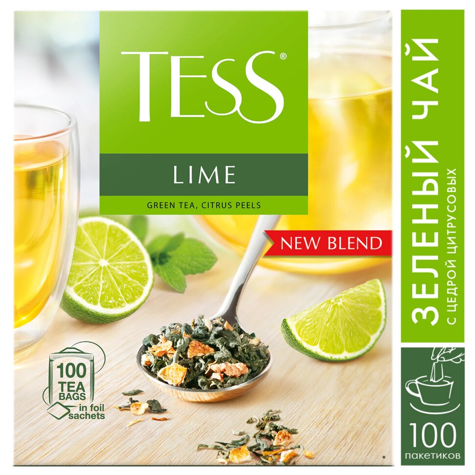Чай TESS "Lime" зеленый с цедрой цитрусовых, 100 пакетиков в конвертах по 1,5 г, 2098-09, 621035