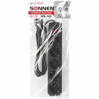 Сетевой фильтр SONNEN SPB-185, 5 розеток с заземлением, выключатель, 10 А, 1,8 м, черный, 513656, 513656