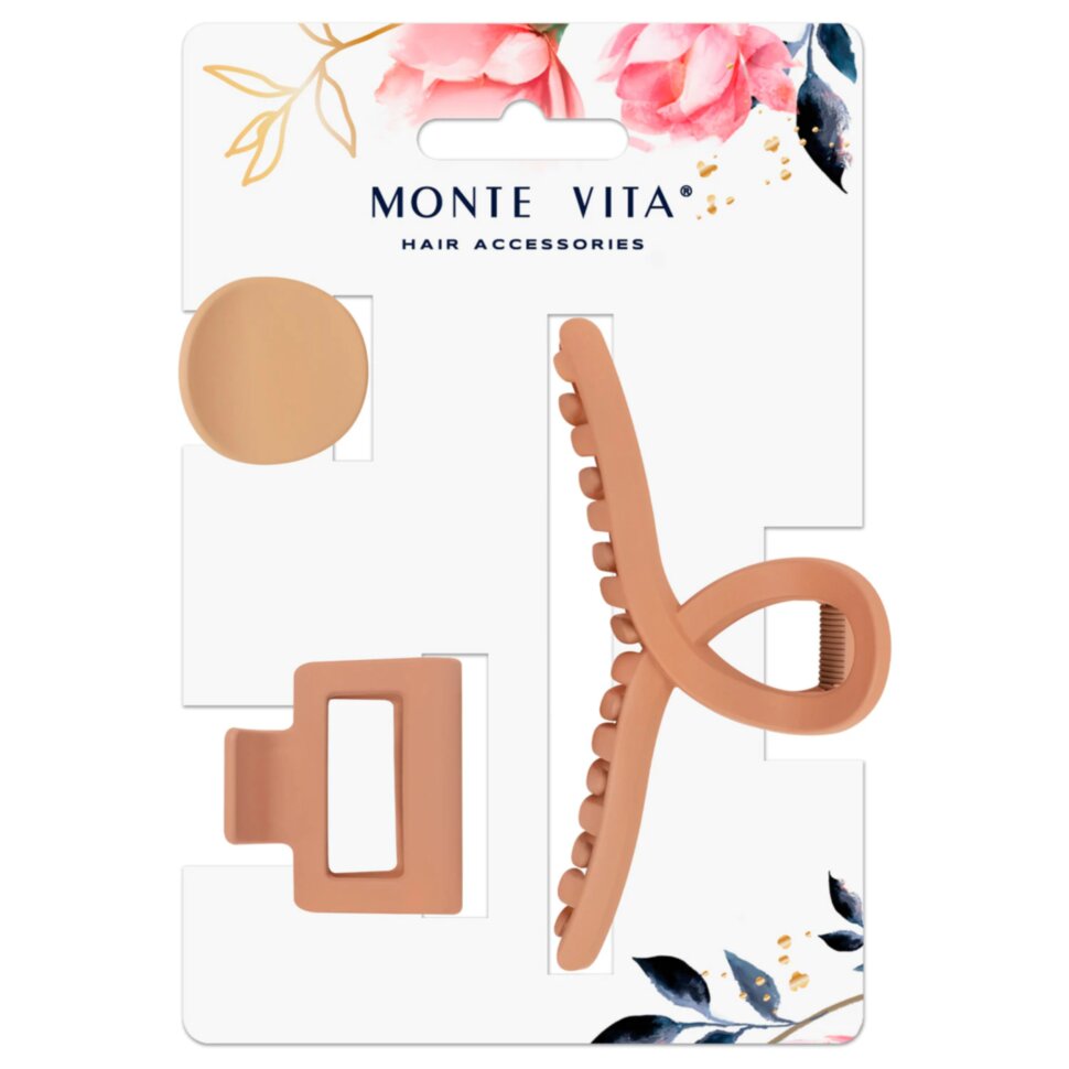 Крабы для волос НАБОР 3 шт., 4 см / 5 см / 11 см, soft touch, коричневый, MONTE VITA (МОНТЕ ВИТА), 457031, 12 штук, 457031