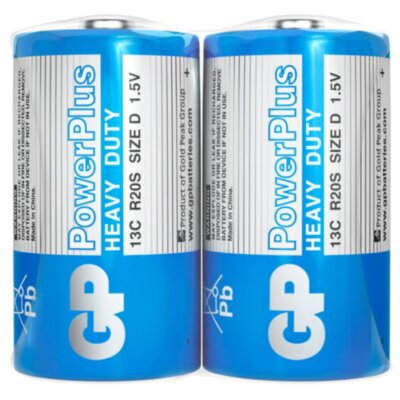 Батарейки КОМПЛЕКТ 2 шт., GP PowerPlus D (13C), солевые, в пленке, 13CEBRA-2S2, 457759