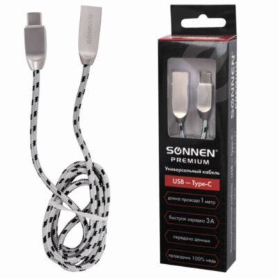 Кабель USB 2.0-Type-C, 1 м, SONNEN Premium, медь, передача данных и быстрая зарядка, 513127, 513127