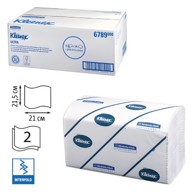 Полотенца бумажные 186 шт., KIMBERLY-CLARK Kleenex, КОМПЛЕКТ 15 шт., Ultra, 2-х слойные, белые, 21х21,5 см, Interfold, 6789, 126117