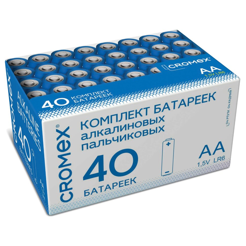 Батарейки алкалиновые "пальчиковые" КОМПЛЕКТ 40 шт., CROMEX (КРОМЕКС) Alkaline, АА (LR6,15А), в коробке, 455594, 455594