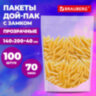 Пакеты дой-пак с замком ZIP LOCK, прозрачные, 140х200 + 40 мм, КОМПЛЕКТ 100 штук, 70 мкм, BRAUBERG, 700697, 700697