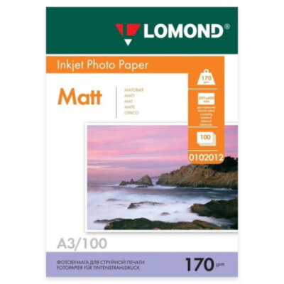 Фотобумага матовая БОЛЬШОГО ФОРМАТА, A3, 170 г/м2, двусторонняя, 100 листов, LOMOND, 0102012, 364012