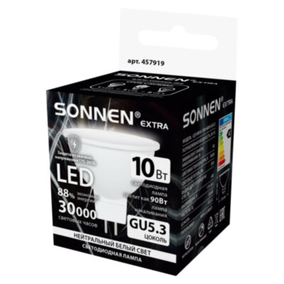 Лампа светодиодная SONNEN EXTRA, 10 (90) Вт, GU5.3, софит, нейтральный белый, 30000 ч, LED MR16-GU5.3-10W-4000, 457919, 457919
