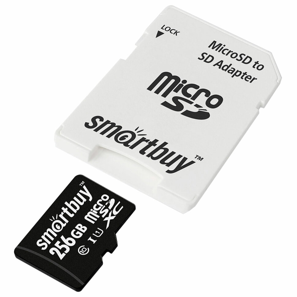 Карта памяти microSDXC 256 GB SMARTBUY, UHS-I, 90 Мб/сек (class 10), с адаптером, SB256GBSDCL10-01, 514075