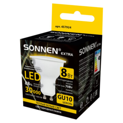 Лампа светодиодная SONNEN EXTRA, 8 (70) Вт, GU10, софит, теплый белый, 30000 ч, LED MR16-GU10-8W-2700, 457924, 457924
