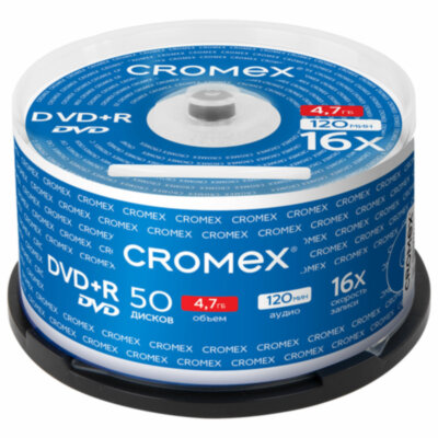 Диски DVD+R (плюс) CROMEX, 4,7 Gb, 16x, Cake Box (упаковка на шпиле), КОМПЛЕКТ 50 шт., 513775, 513775