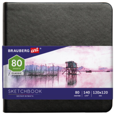 Скетчбук, белая бумага 140 г/м2 120х120 мм, 80 л., КОЖЗАМ, резинка, BRAUBERG ART CLASSIC, черный, 113181, 113181