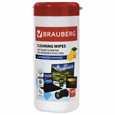 Салфетки для экранов всех типов и пластика BRAUBERG с ароматом "ЛИМОН", туба 100 шт., влажные, 511688, 511688