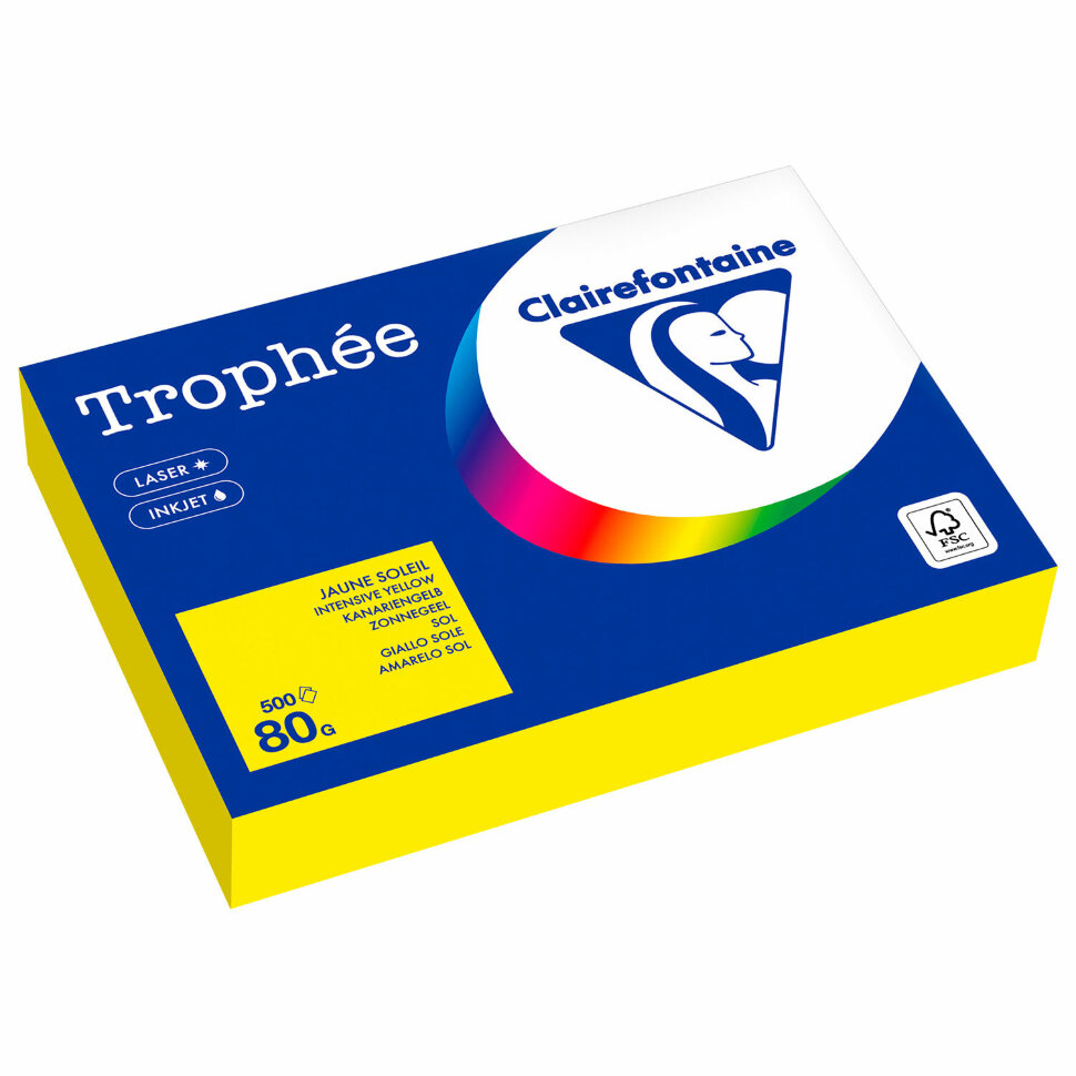 Бумага цветная CLAIREFONTAINE, А4, 80 г/м2, 500 л., интенсив, ярко-желтый, Франция, 1877C, 1877PC, 116719