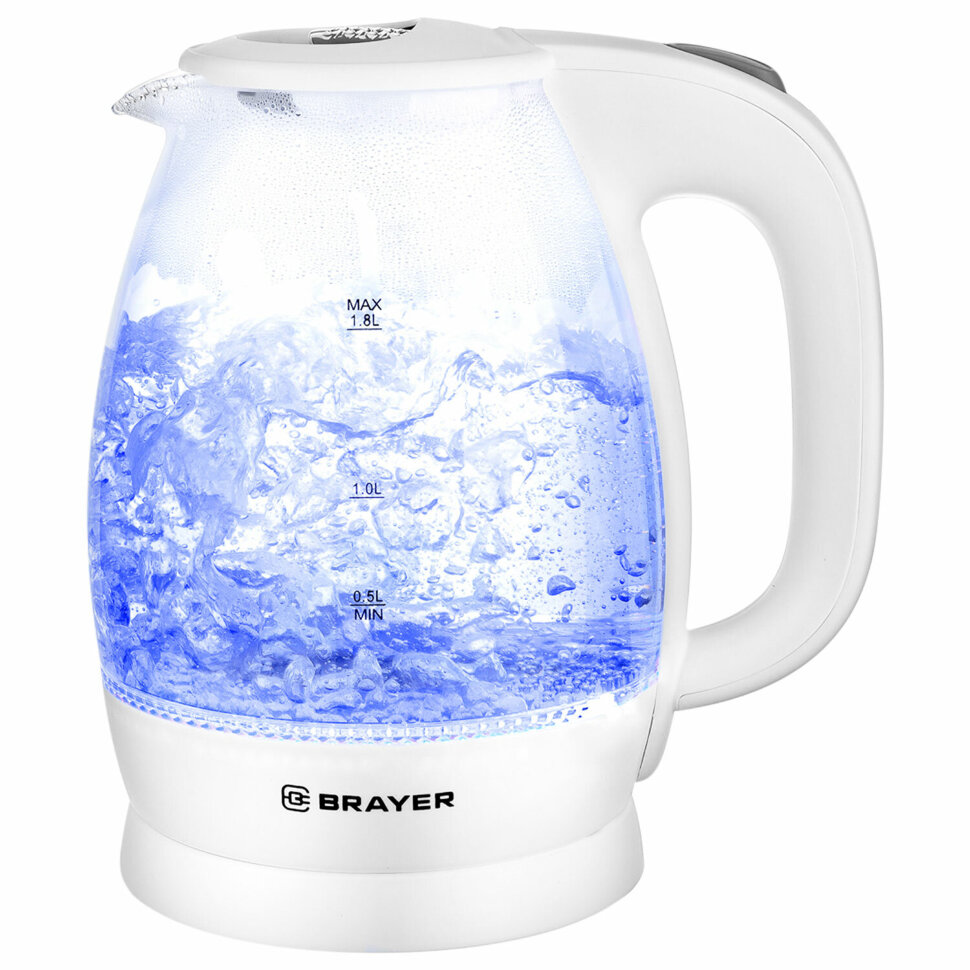 Чайник BRAYER BR1013WH, 1,8 л, 2200 Вт, закрытый нагревательный элемент, стекло, белый, 456056