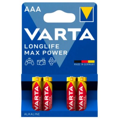 Батарейки алкалиновые "мизинчиковые" КОМПЛЕКТ 4 шт., VARTA LONGLIFE MAX POWER, ААА (LR03,15А), блистер, 4703101404, 457407
