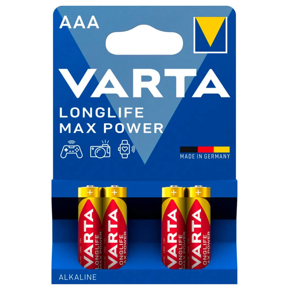 Батарейки алкалиновые "мизинчиковые" КОМПЛЕКТ 4 шт., VARTA LONGLIFE MAX POWER, ААА (LR03,15А), блистер, 4703101404, 457407