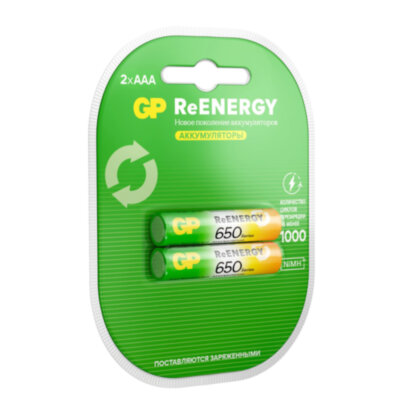 Батарейки аккумуляторные GP ReEnergy Ni-Mh мизинчиковые КОМПЛЕКТ 2 шт., ААА (HR03), 650 mAh, 65AAAHCRGY, 65AAAHCRGY-2CRC, 458466