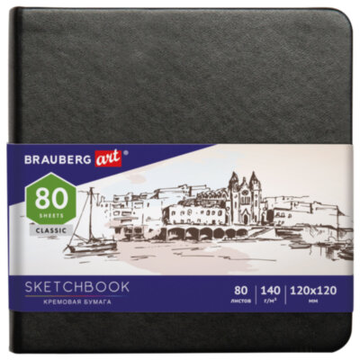 Скетчбук, слоновая кость 140 г/м2 120х120 мм, 80 л., КОЖЗАМ, резинка, BRAUBERG ART CLASSIC, черный, 113191, 113191
