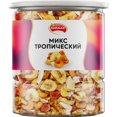 Орехи и сухофрукты NARMAK "Микс Тропический", грецкий орех, кешью, кокос, банан, цукаты, 400 г, 623569