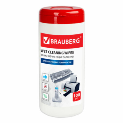 Салфетки для пластиковых поверхностей BRAUBERG, туба 100 шт., влажные, 510123, 510123