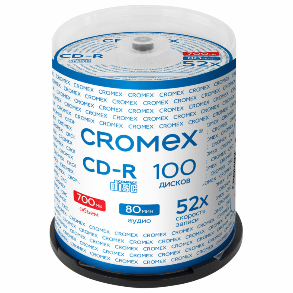 Диски CD-R CROMEX, 700 Mb, 52x, Cake Box (упаковка на шпиле), КОМПЛЕКТ 100 шт., 513778, 513778