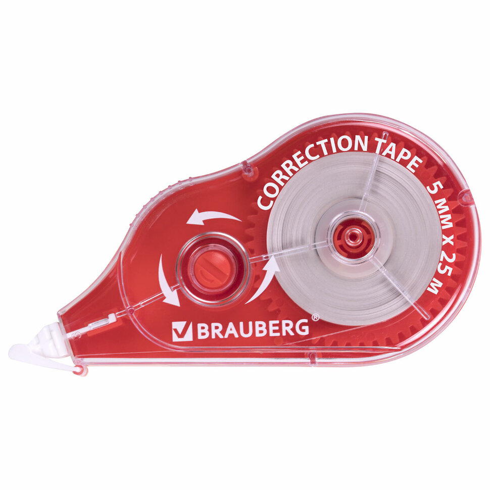 Корректирующая лента BRAUBERG MAXI PLUS, 5 мм х 25 м, механизм перемотки, корпус красный, блистер, 272501, 272501