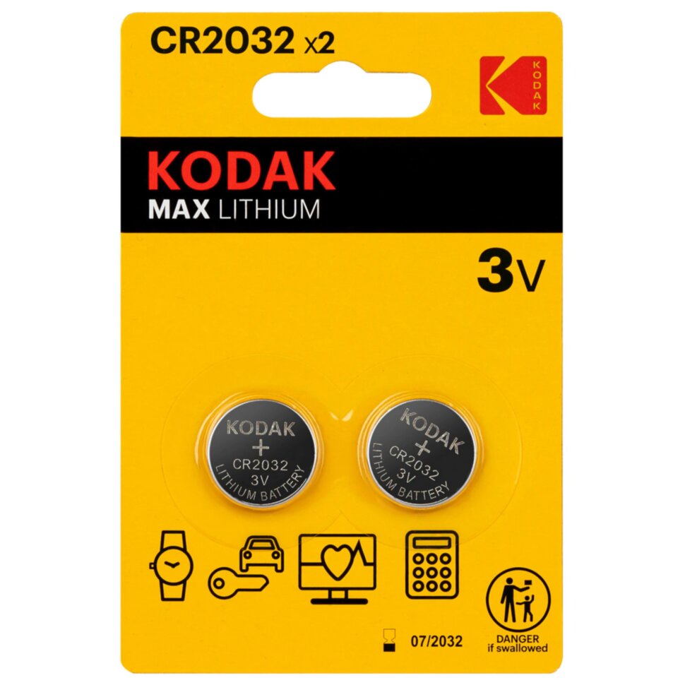 Батарейки литиевые KODAK Max Lithium CR2032 "таблетки, дисковые, кнопочные" КОМПЛЕКТ 2 шт., блистер, Б0037004, 457374