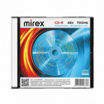 Диск CD-R MIREX, 700 Мб, 48x, Slim Case, 1 штука, UL120051A8S, 514019