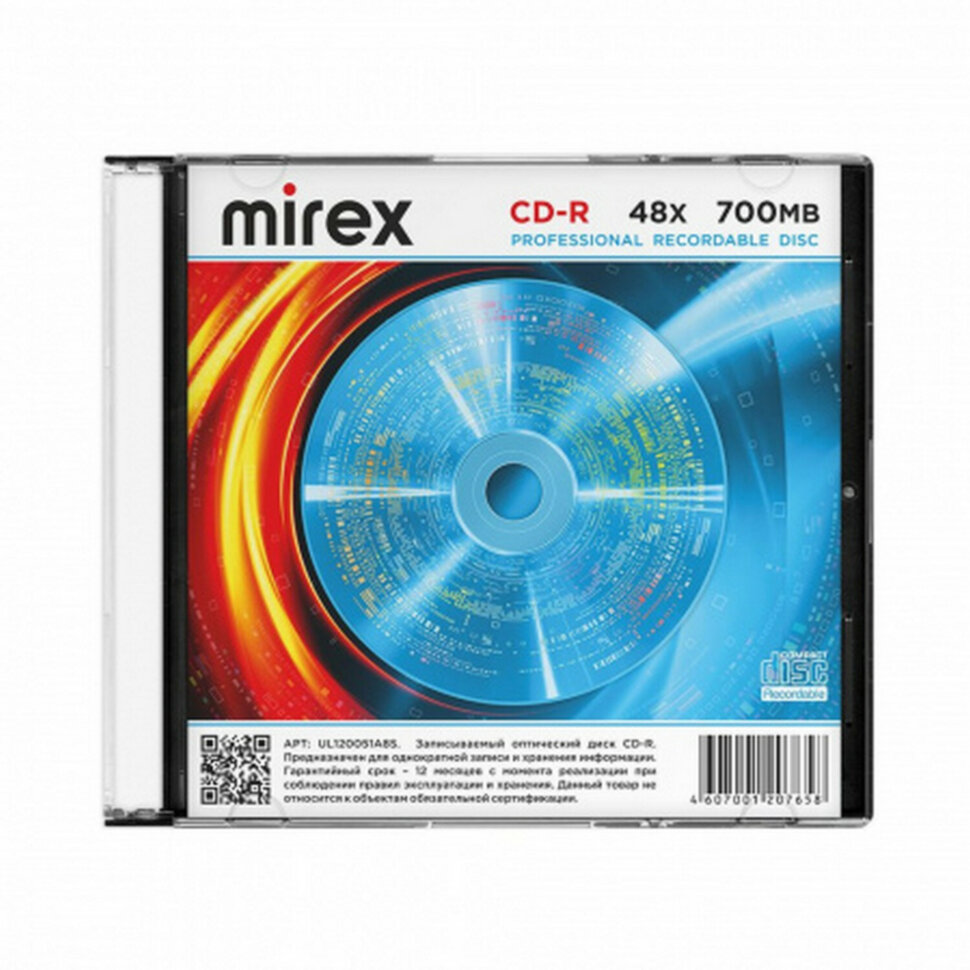 Диск CD-R MIREX, 700 Мб, 48x, Slim Case, 1 штука, UL120051A8S, 514019
