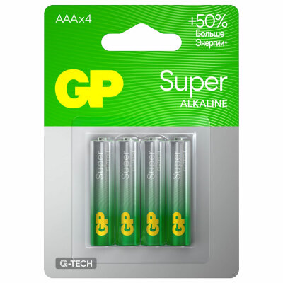 Батарейки КОМПЛЕКТ 4 шт., GP Super G-Tech, AAA (LR03, 24А), алкалиновые, мизинчиковые, блистер, 24A-2, 450436