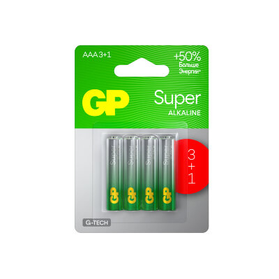 Батарейки КОМПЛЕКТ 4 шт., GP Super G-Tech, AAA (LR03,24А), алкалиновые, мизинчиковые, ПРОМО 3+1, 24A3/1-2CR4, 455921