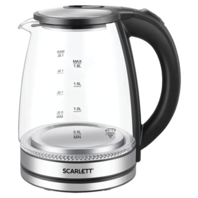 Чайник SCARLETT SC-EK27G103, 1,8 л, 1800 Вт, закрытый нагревательный элемент, стекло, черный, 458304