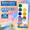 Краски акварельные для школ и худож. училищ BRAUBERG "ART ПЕЙЗАЖ", медовые, 12 цветов, круглые кюветы, пластик. пенал с европодвесом, 192814, 192814