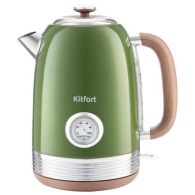 Чайник KITFORT КТ-6110, 1,7 л, 2200 Вт, закрытый нагревательный элемент, сталь, зеленый/бежевый, 455993