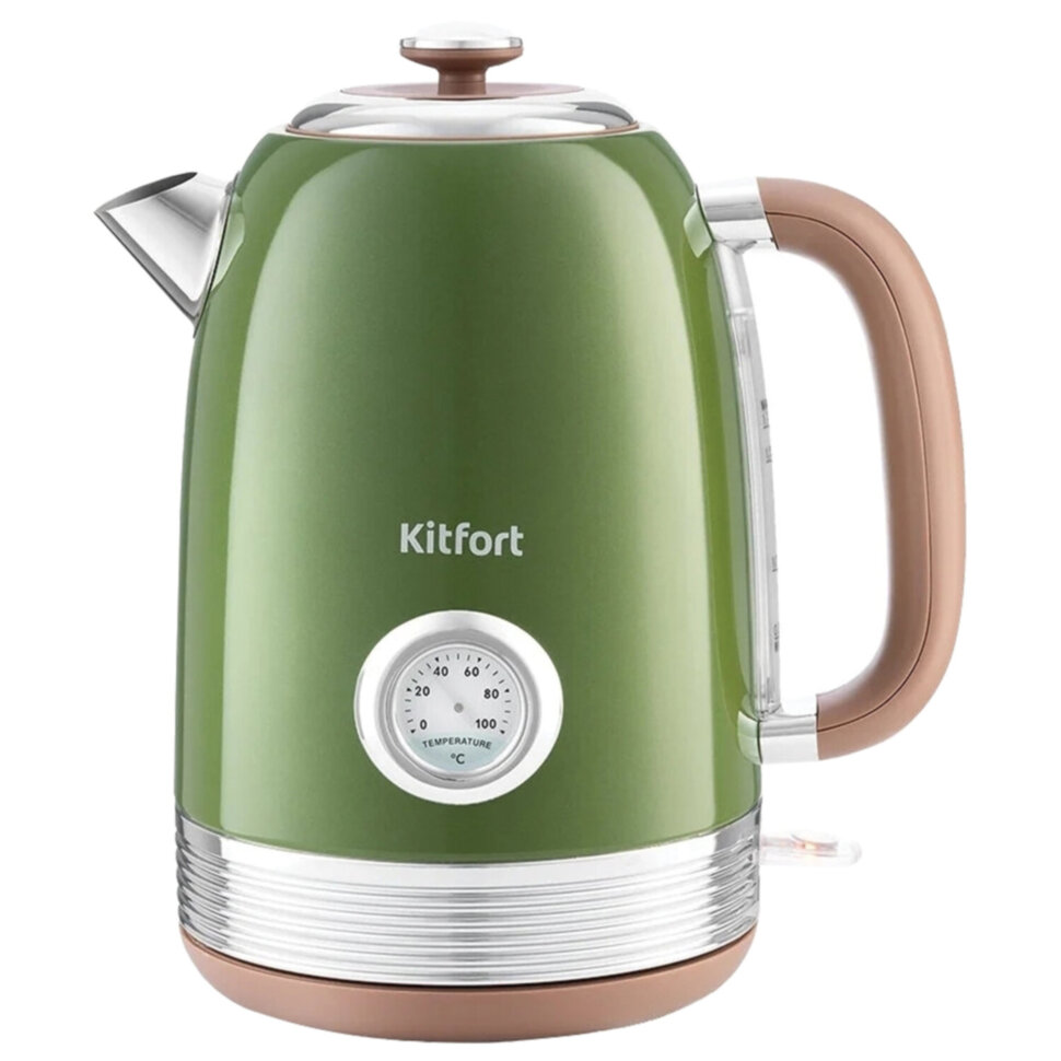 Чайник KITFORT КТ-6110, 1,7 л, 2200 Вт, закрытый нагревательный элемент, сталь, зеленый/бежевый, 455993