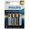 Батарейки алкалиновые "пальчиковые" КОМПЛЕКТ 4 шт., PHILIPS Premium Alkaline, АА (LR6, 24А), блистер, Б0062753, 457389