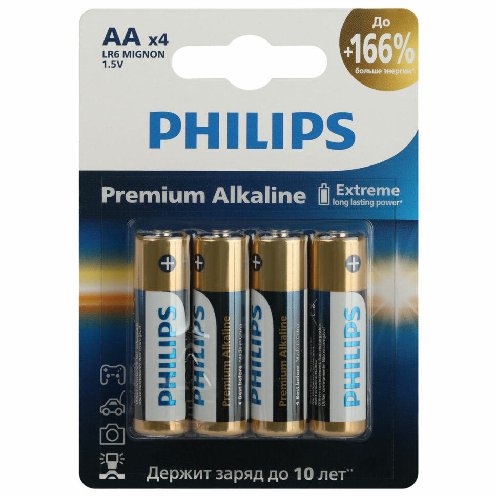 Батарейки алкалиновые "пальчиковые" КОМПЛЕКТ 4 шт., PHILIPS Premium Alkaline, АА (LR6, 24А), блистер, Б0062753, 457389