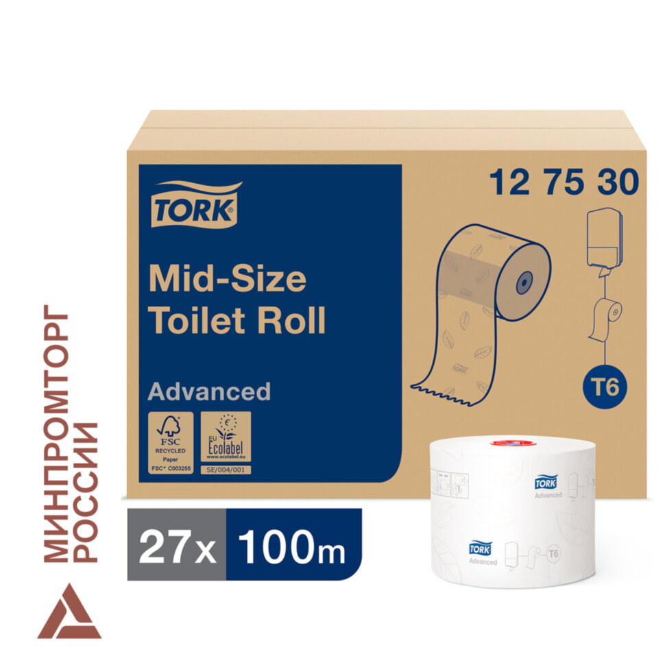 Бумага туалетная 100 м, Tellus/TORK (Система Т6) ADVANCED, КОМПЛЕКТ 27 рулонов, 2-слойная, белая, 127531, 127530/127531, 126135