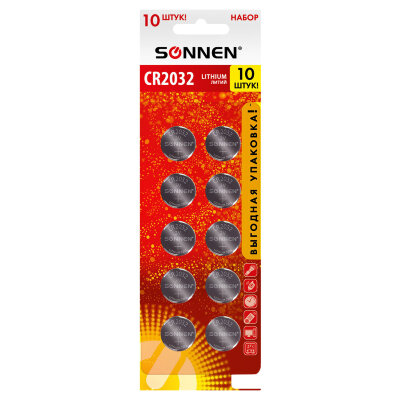 Батарейки литиевые SONNEN Lithium CR2032, "таблетки, дисковые, кнопочные", КОМПЛЕКТ 10 шт., блистер, 457143, 457143