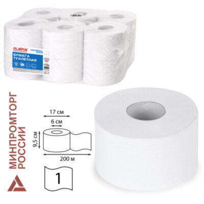 Бумага туалетная 200 м, LAIMA (T2), UNIVERSAL WHITE, 1-слойная, цвет белый, КОМПЛЕКТ 12 рулонов, 111335, 111335