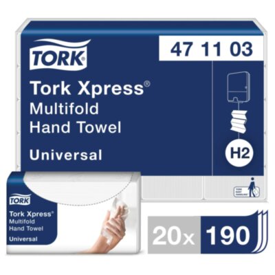 Полотенца бумажные (1 пачка, 190 листов) TORK (H2) UNIVERSAL, 2-слойные, цвет натуральный, 23,4х21,3 см, Z-сложение, 471103, 127070