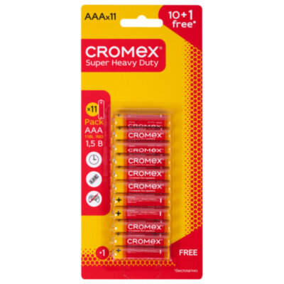 Батарейки солевые "мизинчиковые" КОМПЛЕКТ 10+1 шт., CROMEX (КРОМЕКС) Super Heavy Duty, AAA (R03, 24A), блистер, 456257, 456257